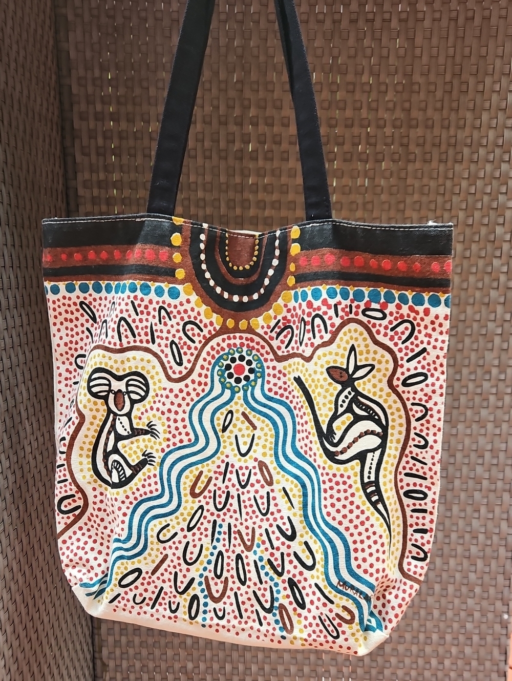 Muralppli Gallery Hand-Painted Cream Tote  Multicolor Aboriginal Dot Art